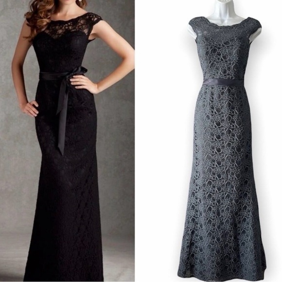 Morilee Black Lace Mermaid Hem 696 Maxi Event Dress with Satin Waist Tie. Size 8 - Picture 5 of 16